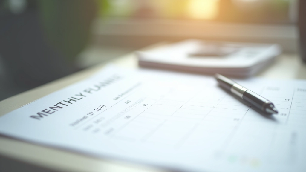 Kalendář a pero na stole s poznámkami o měsíčních cílech, denní osvětlení z okna