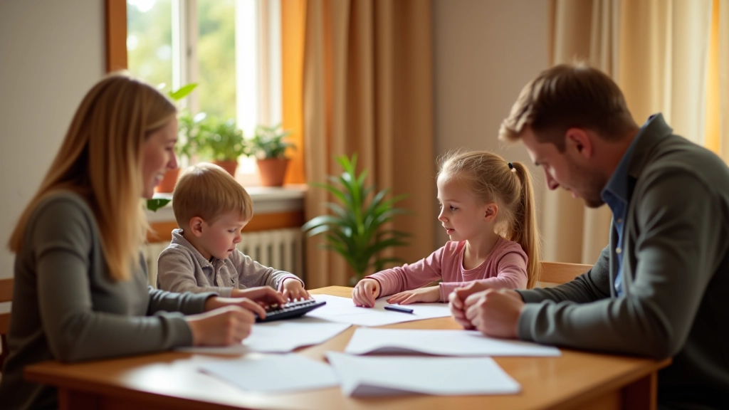 Rodina sedí u stolu s finančními papíry — rodinné plánování