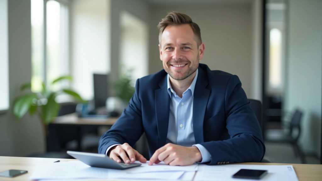 Finanční poradce pracující s dokumenty a kalkulačkou v moderní kanceláři