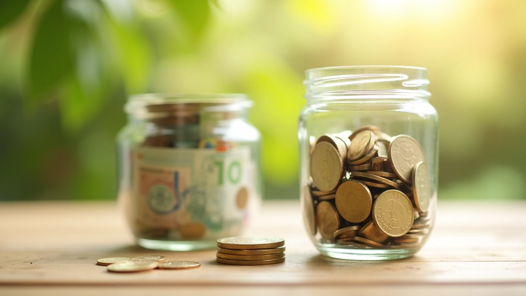 Spořící sklenice s bankovkami a mincemi — měsíční příspěvky do nouzového fondu
