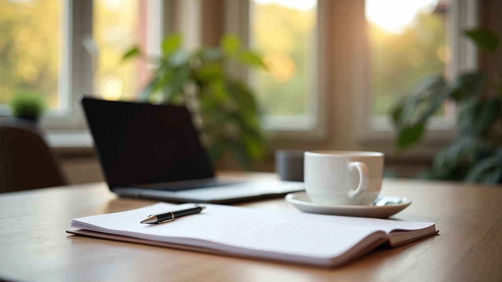 Domácí pracovna s notebookem a finančními dokumenty, přírodní osvětlení