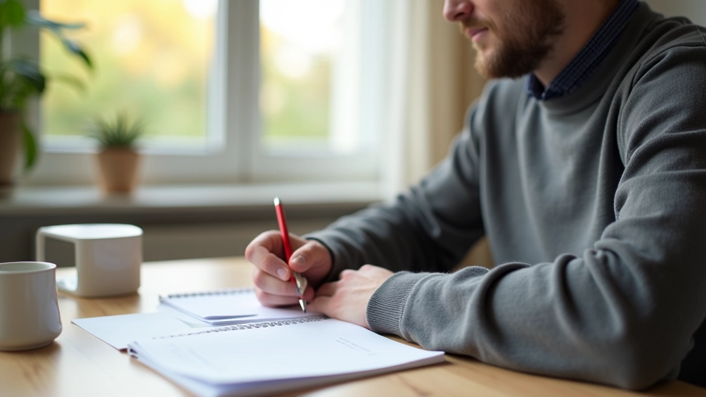 Osoba plánující měsíční rozpočet s tužkou a sešitem na dřevěném stole, přirozené osvětlení
