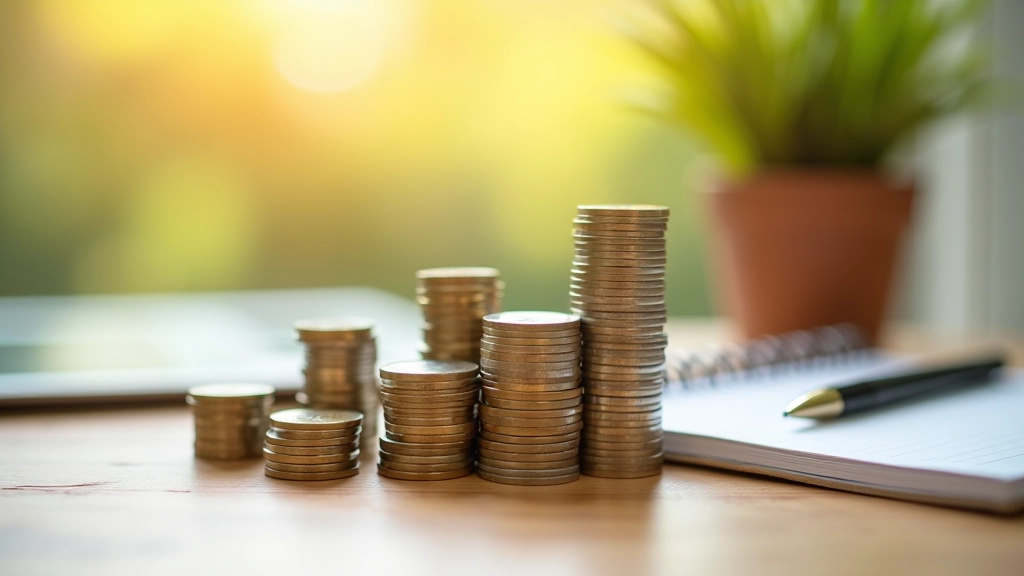 Růst finančních úspor — stohy mincí na rostoucím grafu, domácí účetnictví
