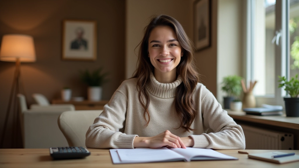 Žena s notebookem a kalkulačkou, soustředěný výraz — plánování financí doma